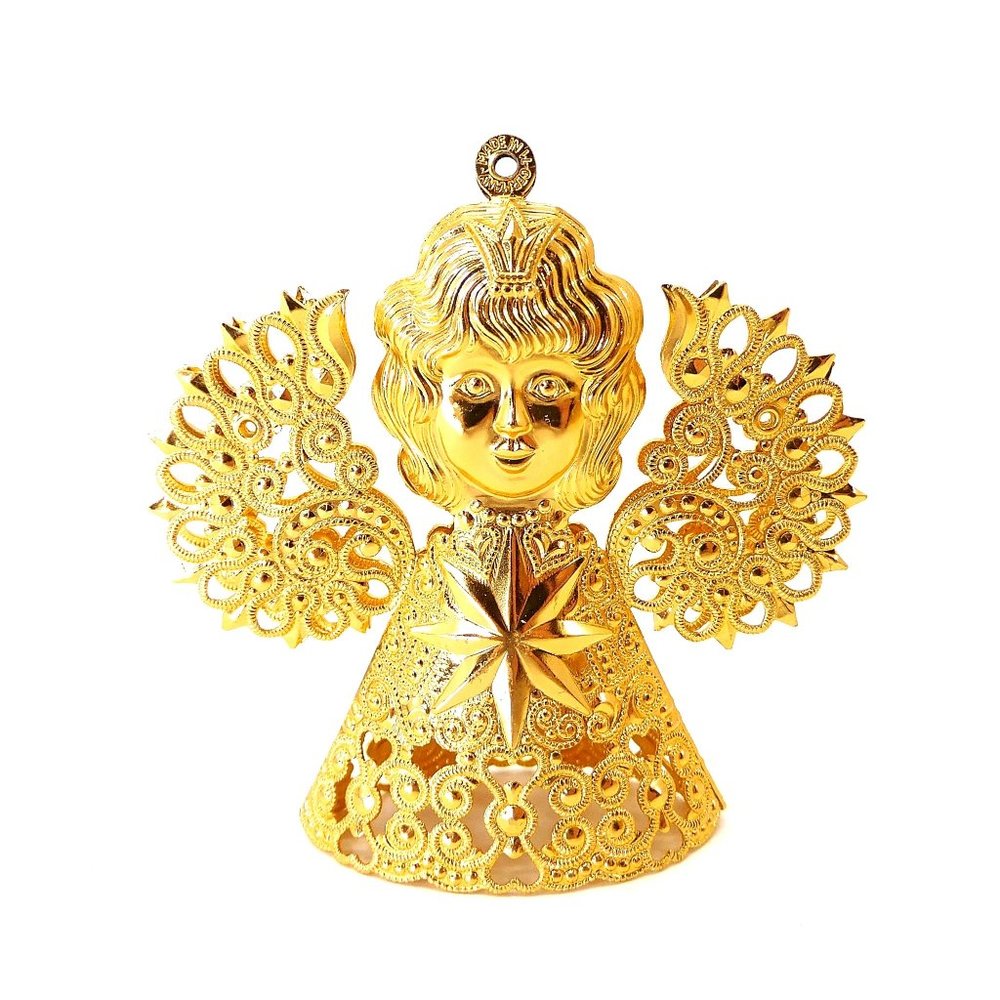 Vintage Germany 3D Angel Ornament Gold Pressed Tin Filigree 3"